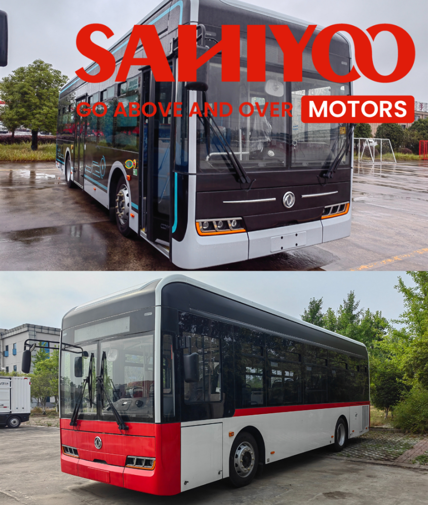 Dongfeng pure electric city bus parked in a modern depot, showcasing its zero-emission design, large passenger windows, and advanced electric drivetrain for urban public transportation.