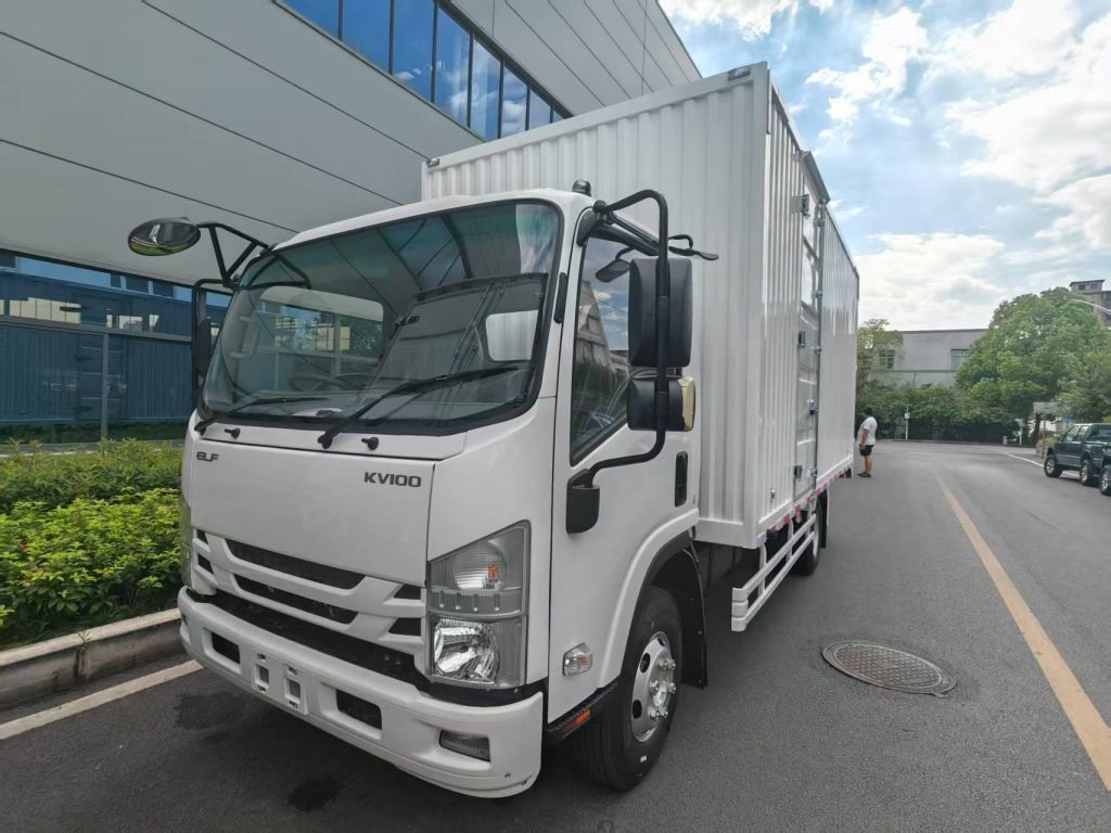 Qingling KV100 single cab box truck white, commercial enclosed cargo van, 4KB engine, 7010kg GVW, front side view